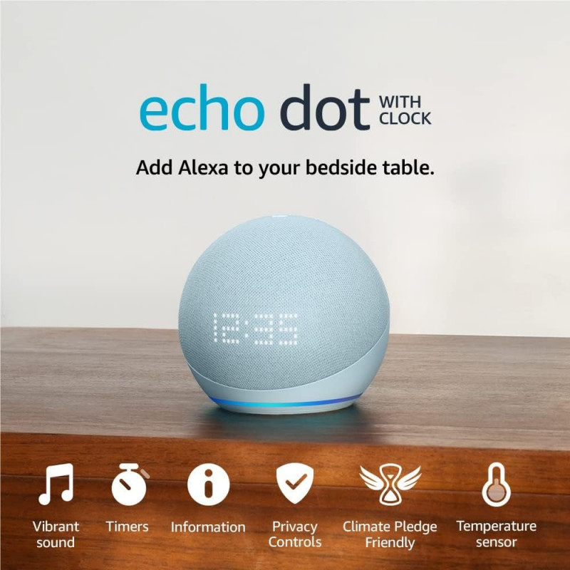 Amazon Echo Dot (5th Generation) with Clock - Glacier White