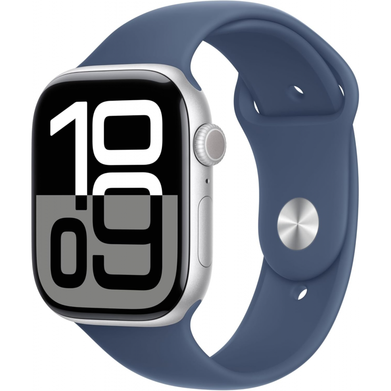 Apple Watch Series 10 (GPS, 46mm) - Silver Aluminium Case with M/L Denim Sport Band