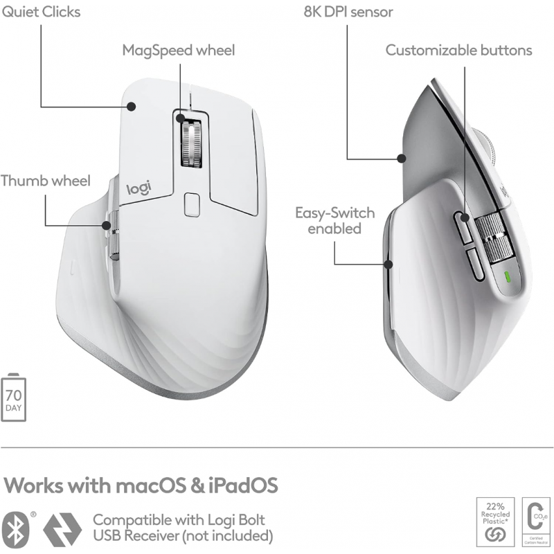 Logitech MX Master 3S For Mac Wireless Performance Mouse - Pale Grey